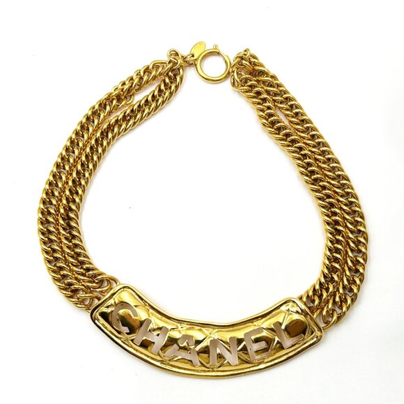 Chanel Vintage Rare Gold Plated Chanel Bar Double Chain Necklace - Picture 1 of 4